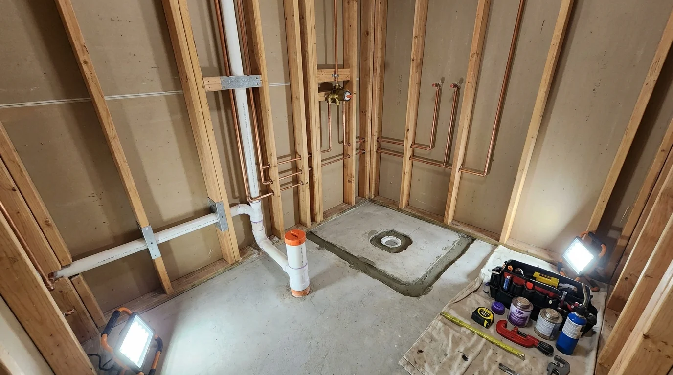 Bathroom rough-in plumbing during remodel by Johns Plumbing LLC in Abingdon