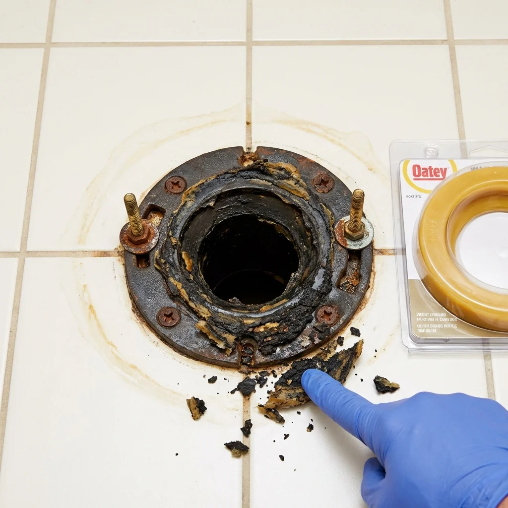 Failed wax ring showing water seepage at the base of a toilet in a Abingdon, IL home