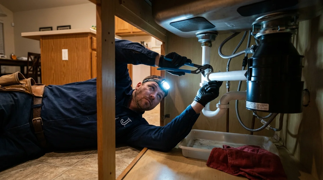 P-trap and supply line connections under a kitchen sink showing a common leak point in Abingdon, IL